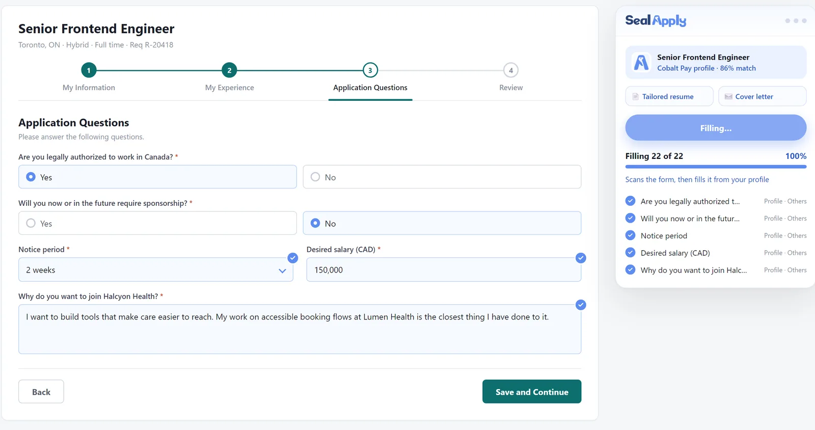 Workday-style Application Questions step with work authorization, sponsorship, notice period and salary filled in