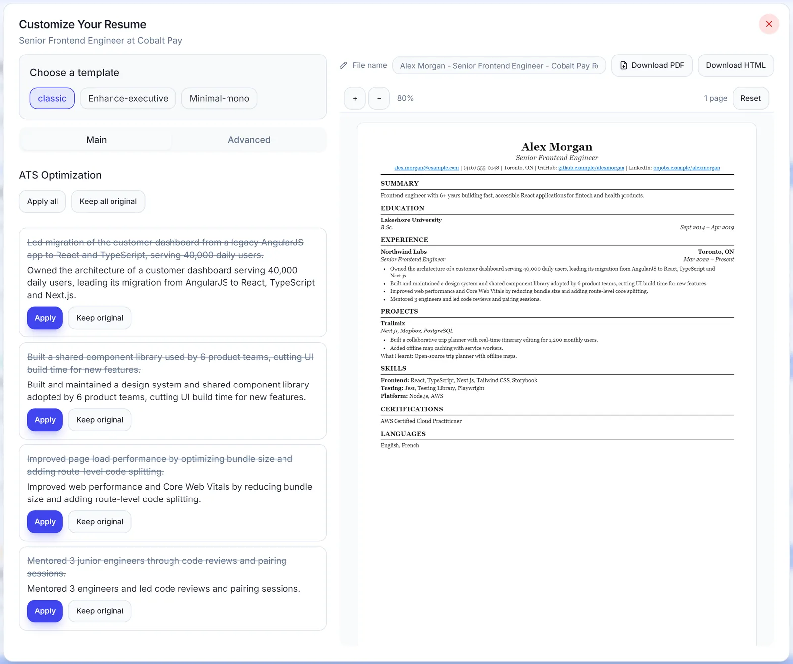 ATS Optimization panel showing original resume bullets struck through, rewritten versions, and Apply or Keep original buttons