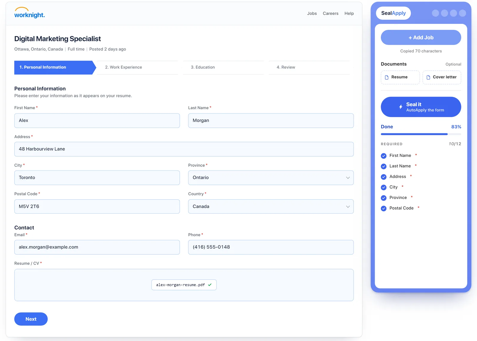 SealApply widget beside an application form, showing 10 of 12 required fields filled