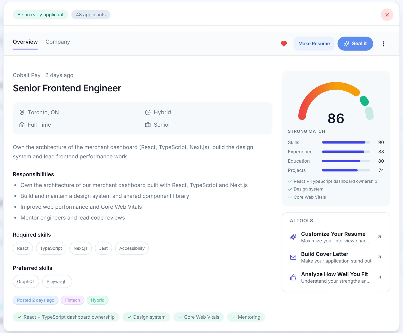 Parsed job posting showing responsibilities, required skills, preferred skills and an 86 match score