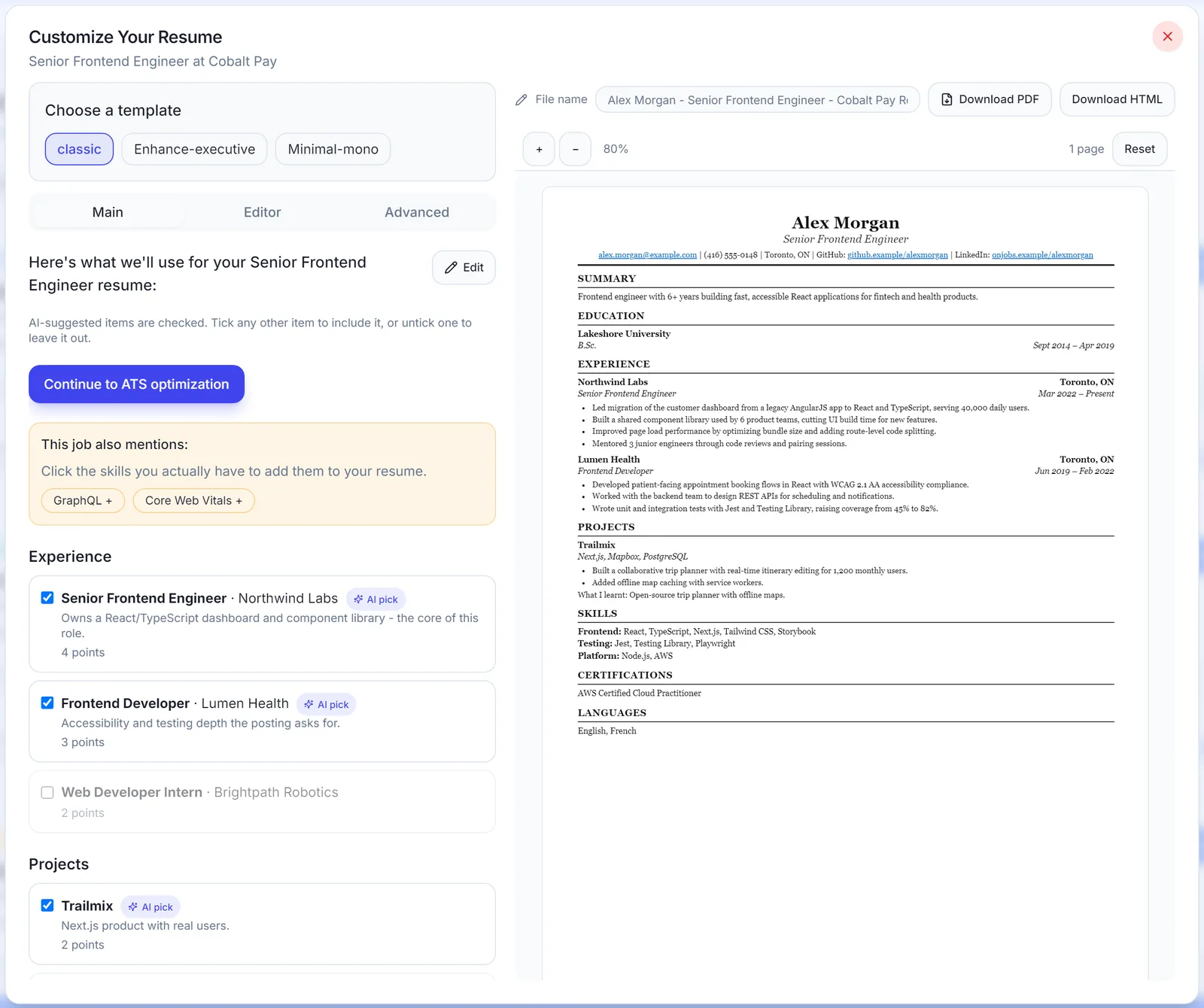 Customize Your Resume dialog with AI-picked experience and a 'This job also mentions' box listing GraphQL and Core Web Vitals