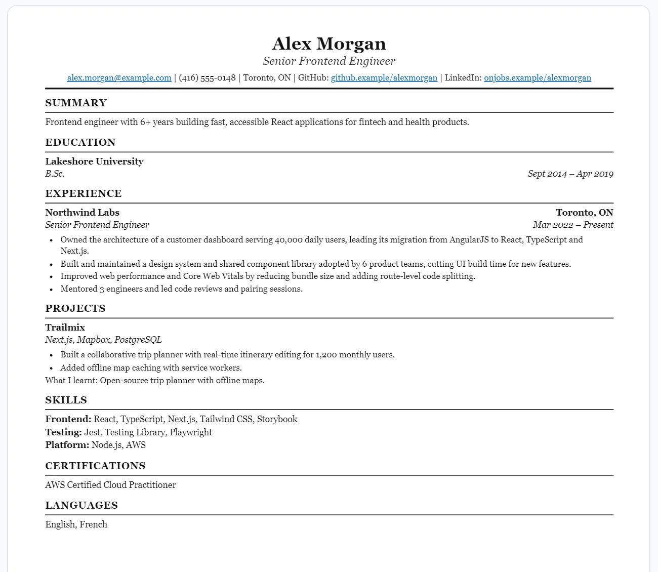 One-page single-column resume in the classic template